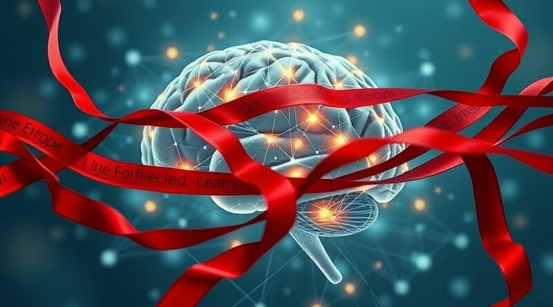 Świecący mózg z sieci światłowodów spowity czerwoną taśmą biurokracji. W tle ikony europejskich kultur.