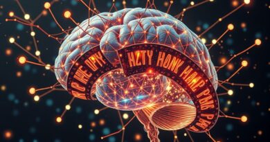 Świecąca sieć połączeń neuronalnych, przepływ danych w postaci cząsteczek, przechodząca w taśmę filmową w stylu Art Nouveau.