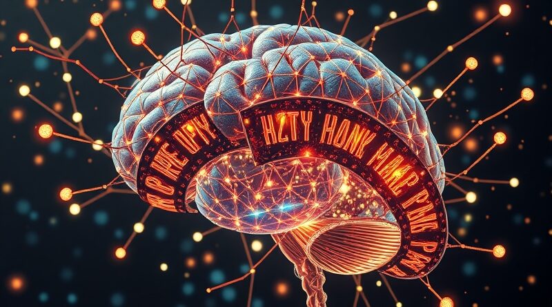 Świecąca sieć połączeń neuronalnych, przepływ danych w postaci cząsteczek, przechodząca w taśmę filmową w stylu Art Nouveau.