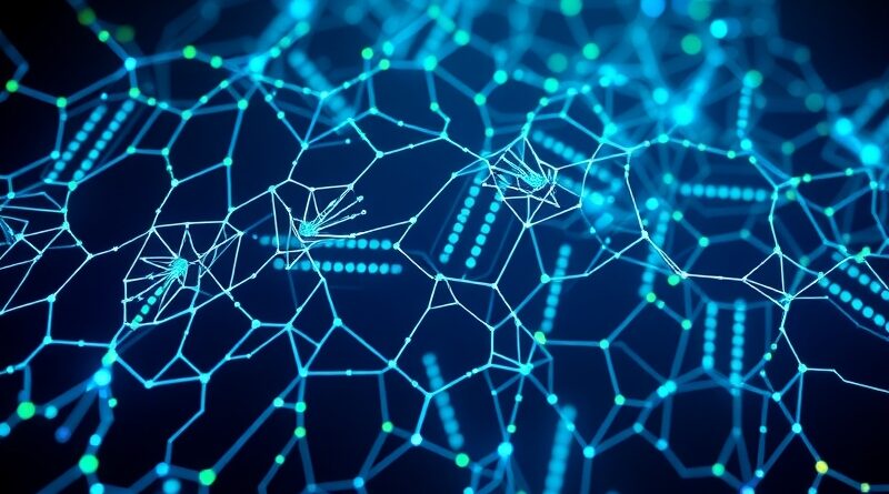 Bioluminescencyjna sieć danych biologicznych spleciona z neuronową siecią AI, symbol Valthos w biodefensie.