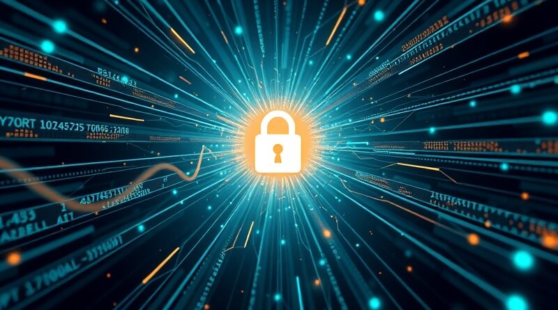 Abstrakcyjne połączenie strumieni danych w świetlistym rdzeniu, symbolizujące bezpieczeństwo i zarządzanie danymi AI.