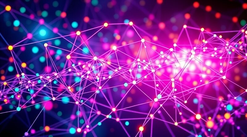 Abstrakcyjna sieć kodów w pulsujących kolorach. Ukryte luki i zagrożenia bezpieczeństwa w erze AI.