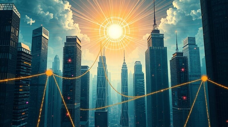Surrealistyczne miasto ze sztucznej inteligencji, połączone złotą nicią wspólną sferą i promieniami światła.