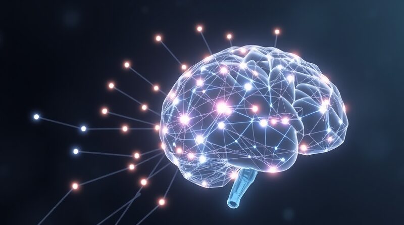 Świecąca, mózgopodobna sieć węzłów meta-agenta orkiestruje przepływ kodu, wpływając na większy, ukryty model wykonawczy.