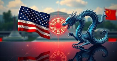 Technologiczna wojna USA-Chiny o AI: Przeciąganie liny między flagą USA a chińskim smokiem.