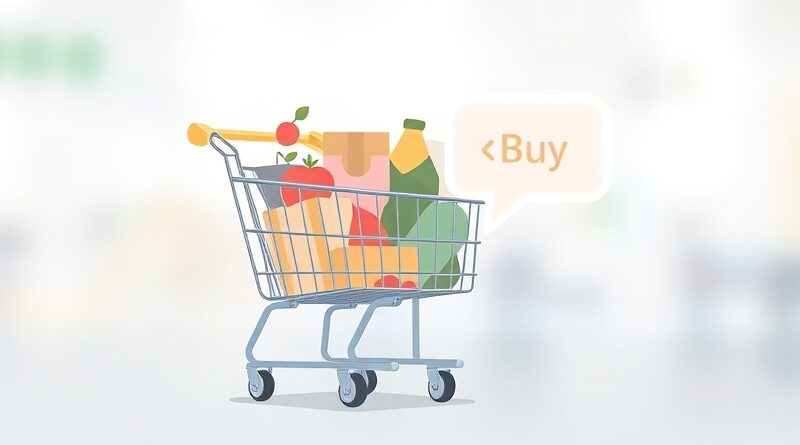 Minimalistyczna grafika: wózek Walmart łączy się z interfejsem ChatGPT, symbolizując zakupy wspierane przez AI.