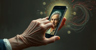 Pomarszczona dłoń sięga po świecący smartfon z zniekształconym zdjęciem, symbolizujący oszustwa internetowe na seniorach.