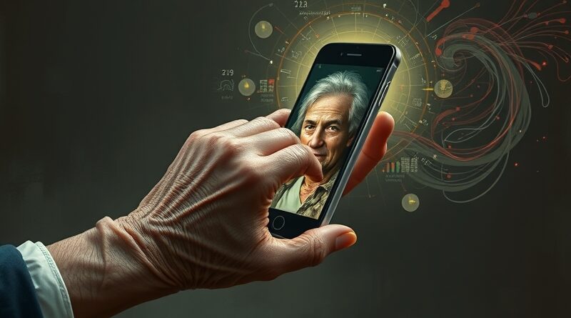 Pomarszczona dłoń sięga po świecący smartfon z zniekształconym zdjęciem, symbolizujący oszustwa internetowe na seniorach.