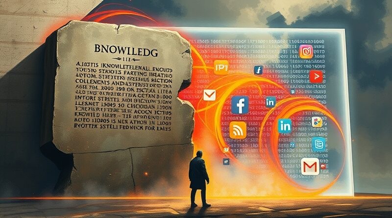 Krusząca się tablica z kodem binarnym zasłonięta wirującymi ikonami mediów społecznościowych. Sylwetka postaci wyciąga rękę.