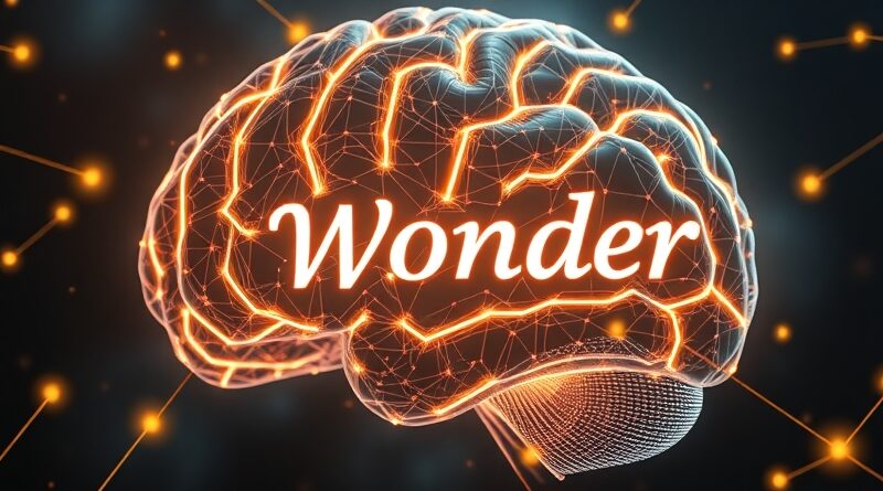 Świecący mózg AI z obwodami tworzącymi filmowy krajobraz, z napisem "Wonder" i logotypem Atomico.