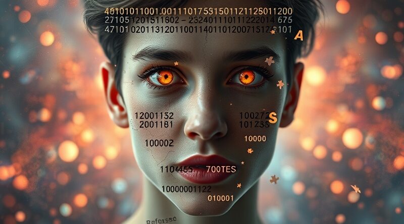 Twarz cyfrowego artysty rozfragmentowana na kod binarny, nebula symboli praw autorskich i obwodów AI.