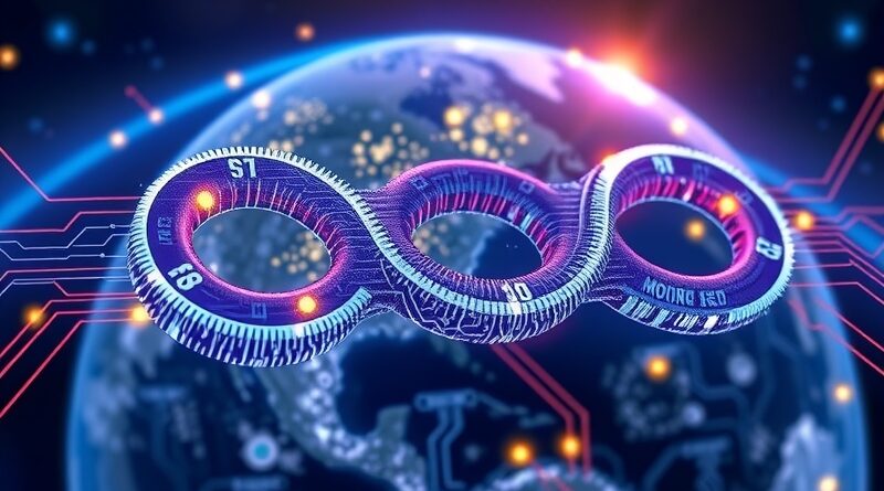 Migoczący link polecający spleciony z futurystycznymi obwodami, waluta, stylizowana Ziemia z aktywnymi punktami. Zarabiaj i polecaj Perplexity.