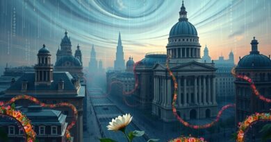 Miasto pochłonięte cyfrowym kodem, samotny biały kwiat symbolizuje odporność na skażone dane AI.