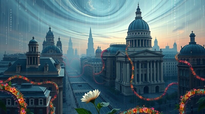 Miasto pochłonięte cyfrowym kodem, samotny biały kwiat symbolizuje odporność na skażone dane AI.