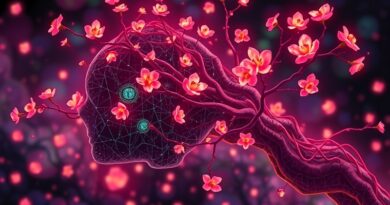 Zatrucie AI: popękane sieci neuronowe w toksycznych barwach splecione z kwiatami na cyfrowym tle.