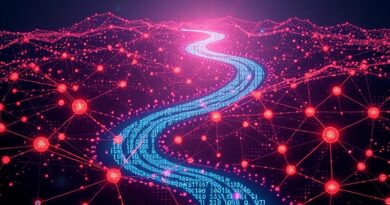 Rzeka kodu z GLM-4.6 wpływającą w rozległą sieć neuronową, symbolizującą potencjał AI.