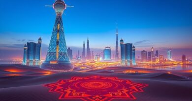 Futurystyczna panorama Abu Zabi pod zmierzchowym niebem, symbolizująca ambicje ZEA w dziedzinie sztucznej inteligencji.