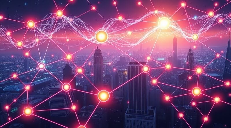 Futurystyczna sieć węzłów symbolizująca automatyzację workflowów n8n, AI i skomplikowane systemy biznesowe.