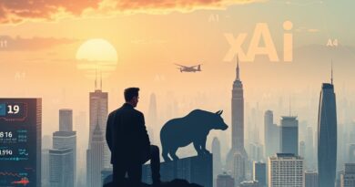 Futurystyczne miasto z danymi finansowymi, logo xAI i sylwetką Muska. AI łączy finanse.