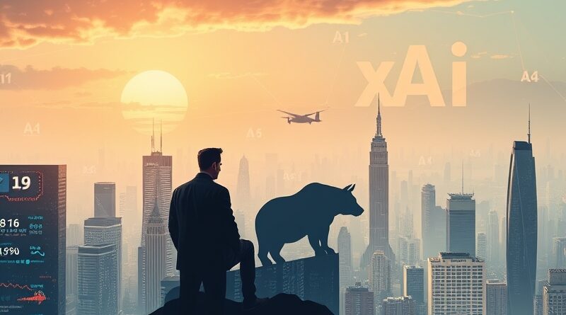 Futurystyczne miasto z danymi finansowymi, logo xAI i sylwetką Muska. AI łączy finanse.