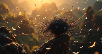 Rozpadająca się sieć hyperlinków w melancholijnym świetle, symbolizująca spadek ruchu z wyszukiwarek na rzecz AI.