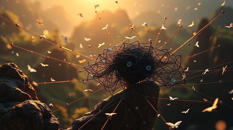 Rozpadająca się sieć hyperlinków w melancholijnym świetle, symbolizująca spadek ruchu z wyszukiwarek na rzecz AI.