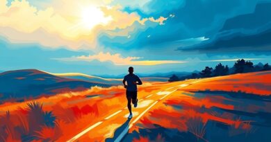 Sylwetka biegacza na abstrakcyjnym szlaku, otoczona kodem AI, symbolizuje AI jako trenera fitness.