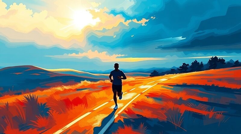 Sylwetka biegacza na abstrakcyjnym szlaku, otoczona kodem AI, symbolizuje AI jako trenera fitness.