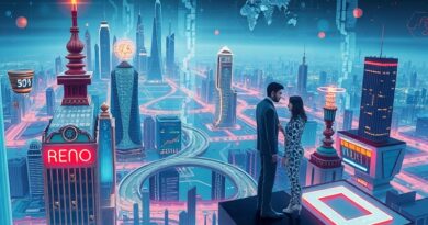 Futurystyczne miasto AI, dane płyną jak rzeki, ludzie analizują hologramy giełdowe. Sztuczna inteligencja i strategie rynkowe.