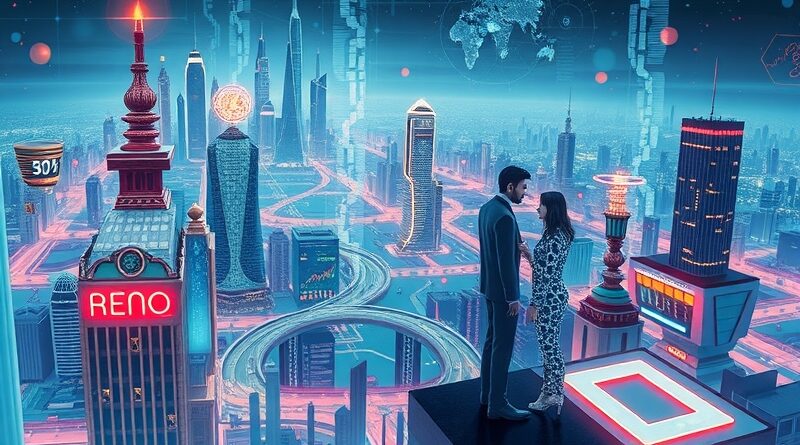 Futurystyczne miasto AI, dane płyną jak rzeki, ludzie analizują hologramy giełdowe. Sztuczna inteligencja i strategie rynkowe.