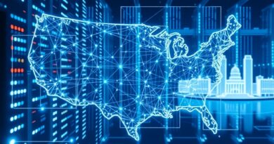 Abstrakcyjna sieć serwerów w kształcie flagi USA, symbolizująca inwestycję AWS w rządową infrastrukturę AI.