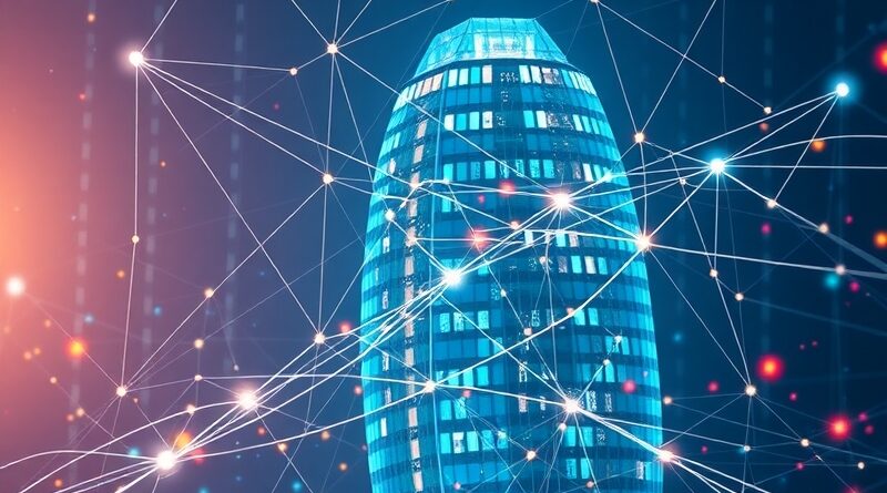 Abstrakcyjne strumienie danych splecione z wieżowcem, symbolizujące zabezpieczoną i skalowalną aktualizację Protokołu MCP dla AI.