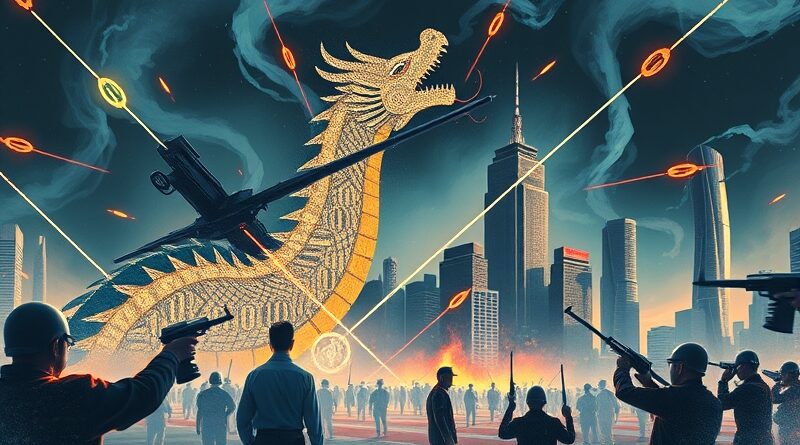 Cyfrowa wojna cenowa AI: smok z binarnych kodów atakuje kruszące się Silicon Valley.