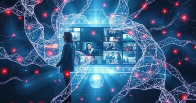 Surrealistyczny ekran z fragmentami filmów, opleciony świecącymi sieciami neuronowymi, w chłodnej, niepokojącej palecie barw.