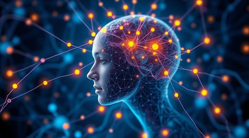 Abstrakcyjna sieć neuronowa jako umysł z twarzą, introspekcja AI w błękitach, fioletach i oranżach.