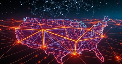 Rozległa sieć światłowodowa łączy centra danych w Teksasie i Nowym Jorku; logo Anthropic na tle gwiazd.