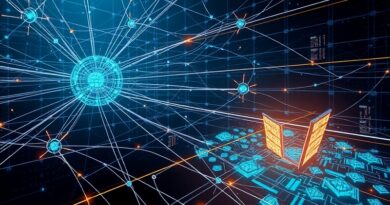 Futurystyczna sieć neuronowa z centralnym panelem kontrolnym, symbolizująca architekturę 'Control-Plane' w AI.