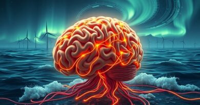 Gigantyczny mózg z kabli światłowodowych na dnie Bałtyku, wiatraki symbolizujące przepływ danych, aurora borealis. Bałtycka gigafabryka AI.