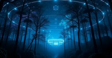 Świetlista kaskada danych zbiega się na futurystyczne laboratorium ukryte w hiperrealistycznym Czarnym Lesie.