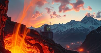 Geotermalne źródło energii zasila futurystyczne centrum danych AI w górach. Synergia natury i technologii.