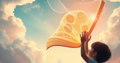 Eteryczna opowieść AI dla młodzieży: sylwetka sięga po świetlistą książkę w pastelowym, sennym krajobrazie.