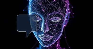 Twarz z pulsującego światła, częściowo geometryczna, w bańce chatu. Ilustracja trybu głosowego ChatGPT.