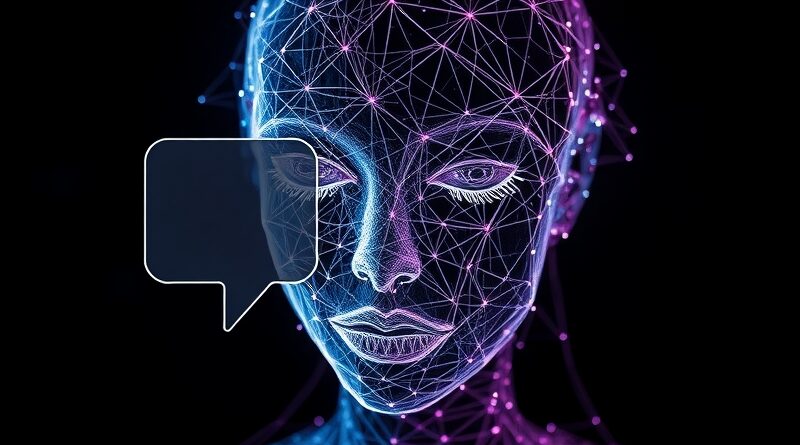 Twarz z pulsującego światła, częściowo geometryczna, w bańce chatu. Ilustracja trybu głosowego ChatGPT.