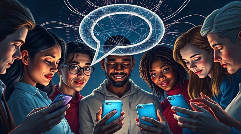 Ludzie oświetleni smartfonami, obok unoszący się kod tworzący dymek konwersacyjny, symbol współpracy i innowacji.