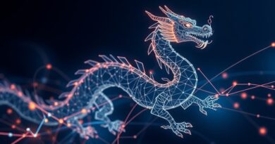 Abstrakcyjna wizualizacja chińskiego cyberszpiegostwa kierowanego przez AI: stylizowany smok manipulujący przepływem danych.