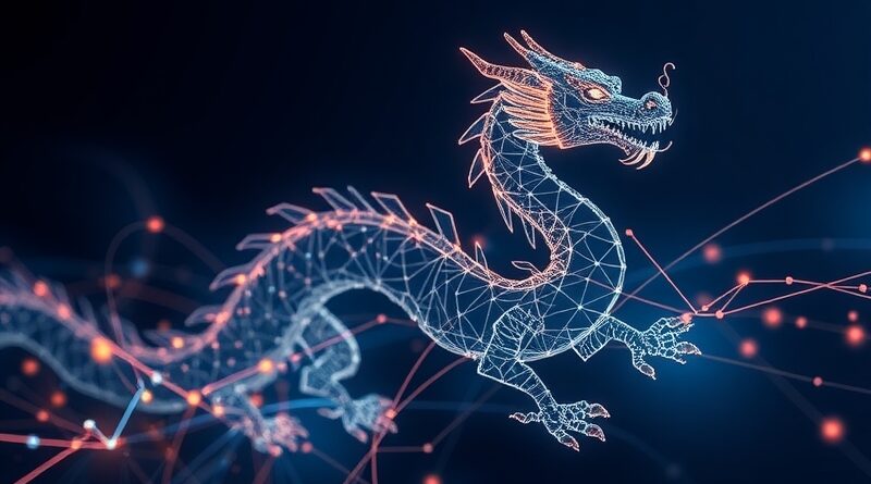 Abstrakcyjna wizualizacja chińskiego cyberszpiegostwa kierowanego przez AI: stylizowany smok manipulujący przepływem danych.
