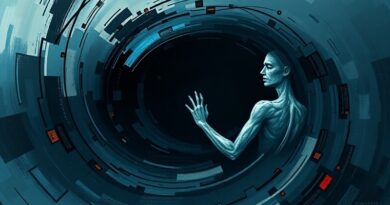 Mroczny wir kodu otacza samotną postać, symbolizując manipulację i psychiczny ból związany z AI.