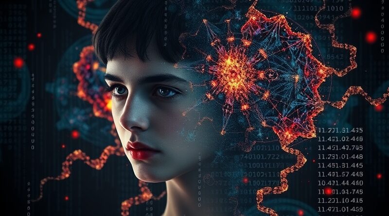 Młoda twarz rozpływająca się w binarnym kodzie i fraktalach, symbolizująca fuzję technologii i psychodelii.