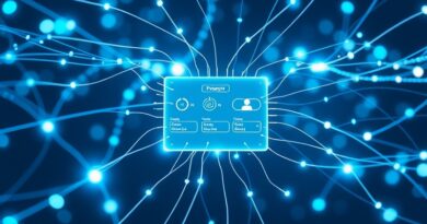 Cyfrowa sieć ze światła zbiegająca się w panelu kontroli prywatności Cometa. Mikrokod, chłodne kolory, nowoczesna elegancja.