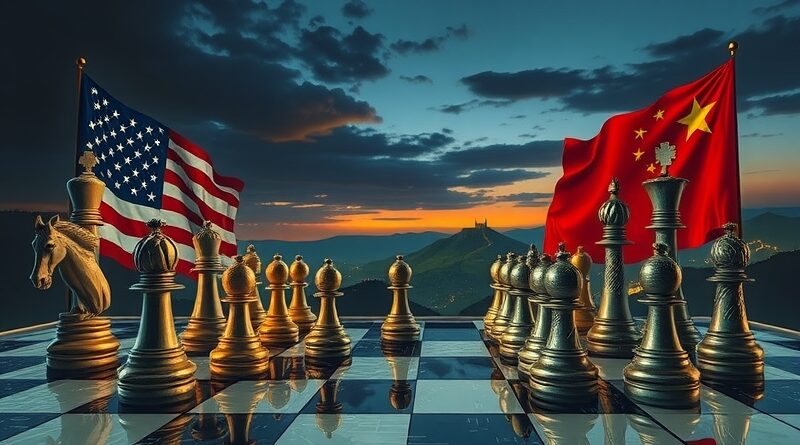 Szachowa rozgrywka USA vs. Chiny w tle zmierzchu cyfrowej dominacji, napięcie, utrata przewagi.